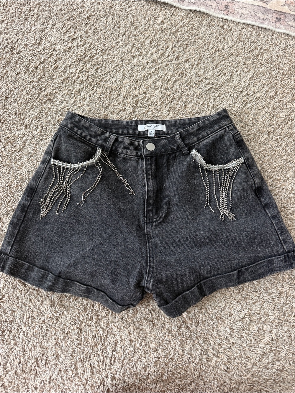 Rhinestone Fringe Black Denim High-Rise Jean Shorts